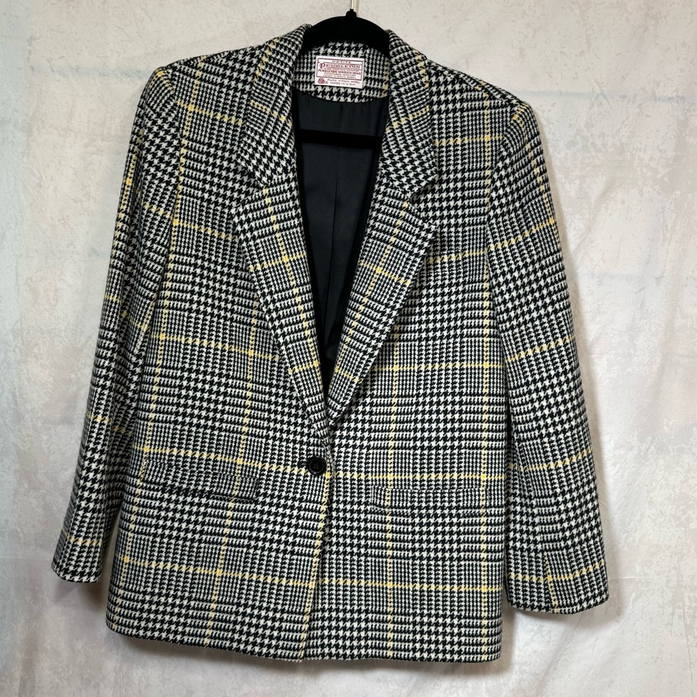 Pendleton Women’s Sz 6 Houndstooth Wool Blazer Gray Yellow and Black VTG